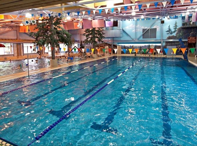 Colorful Banners over the City of Revelstoke Swimming Pool from Above