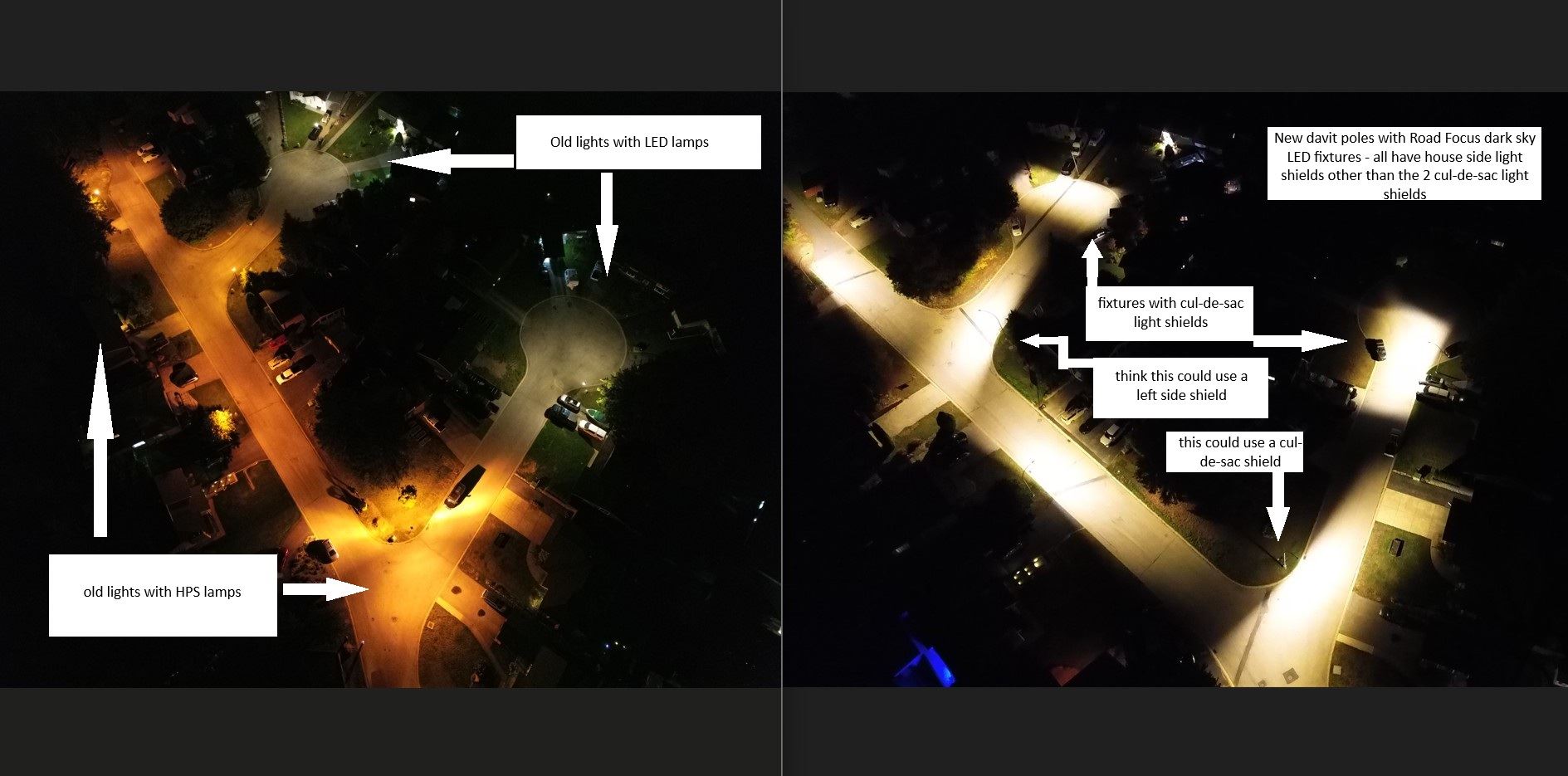 Comparison of Neighborhood Lit by Old Versus New Streetlights